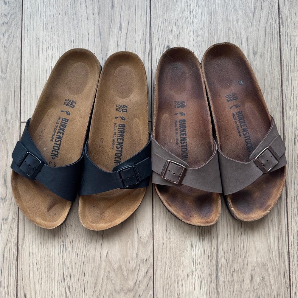 Birkenstock Madrid Sandals Lot 2 Pair EU 40 Brown Black Leather Slide Comfort - Picture 2 of 13
